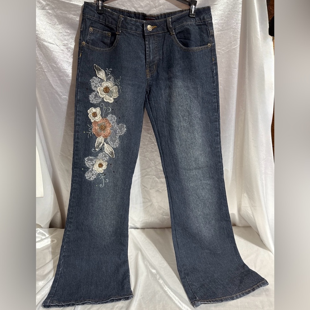 NWOT Womens Juniors Jeans Appliquéd Golden Flowers by Pristine USA Sz 9/10